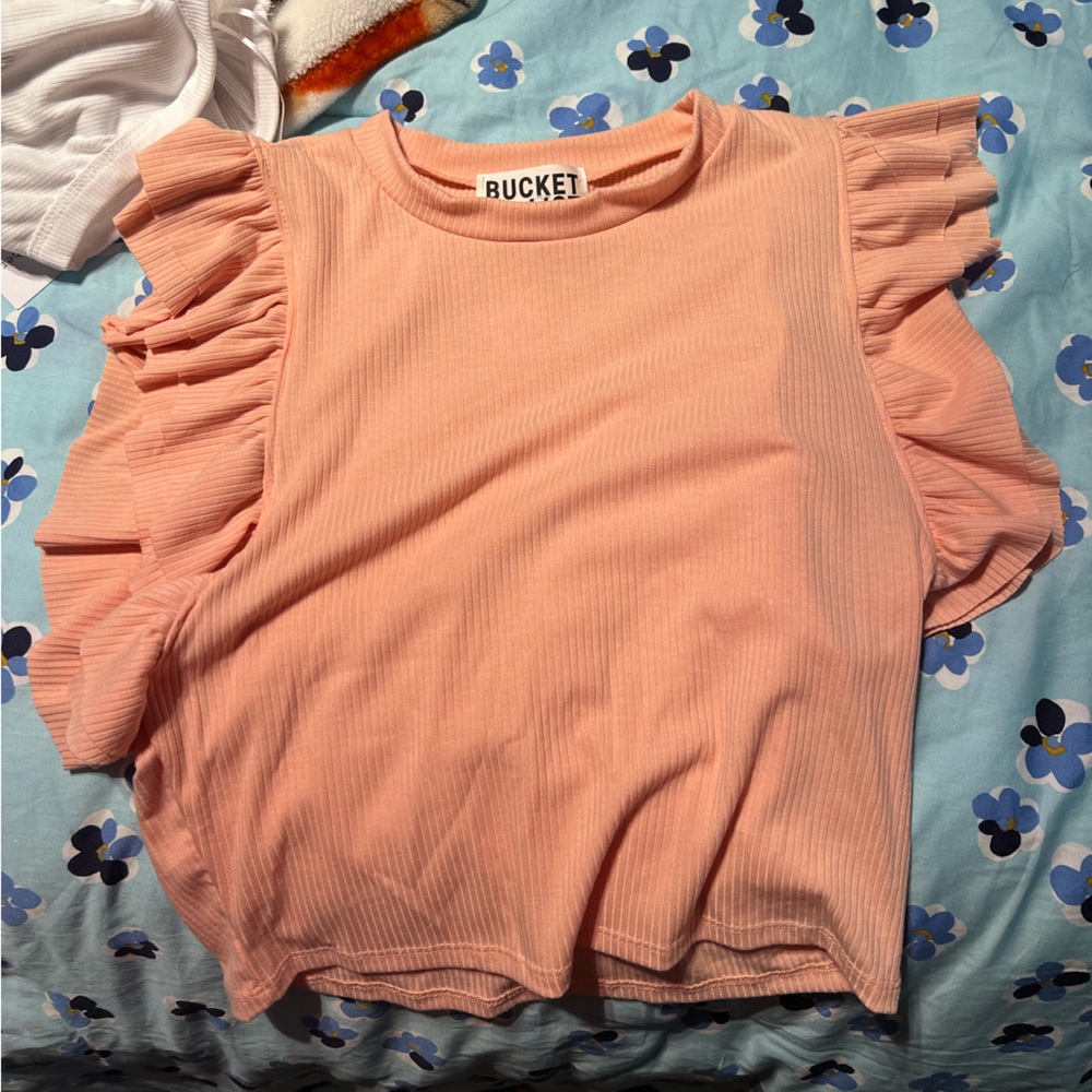 BRAND NEW peachy color boutique shirt with fluffy sleeves (very cute on)crop top
